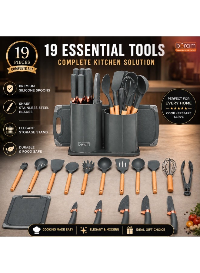 BERAM 19-Piece Silicone Kitchen Utensil Set with Wooden Handles, Nonstick Cooking Tools, 5-Piece Knife Set, 2 Cutting Boards & Utensil Holder, Grey - Image 5