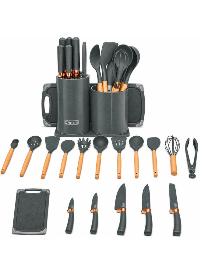 BERAM 19-Piece Silicone Kitchen Utensil Set with Wooden Handles, Nonstick Cooking Tools, 5-Piece Knife Set, 2 Cutting Boards & Utensil Holder, Grey - Image 1