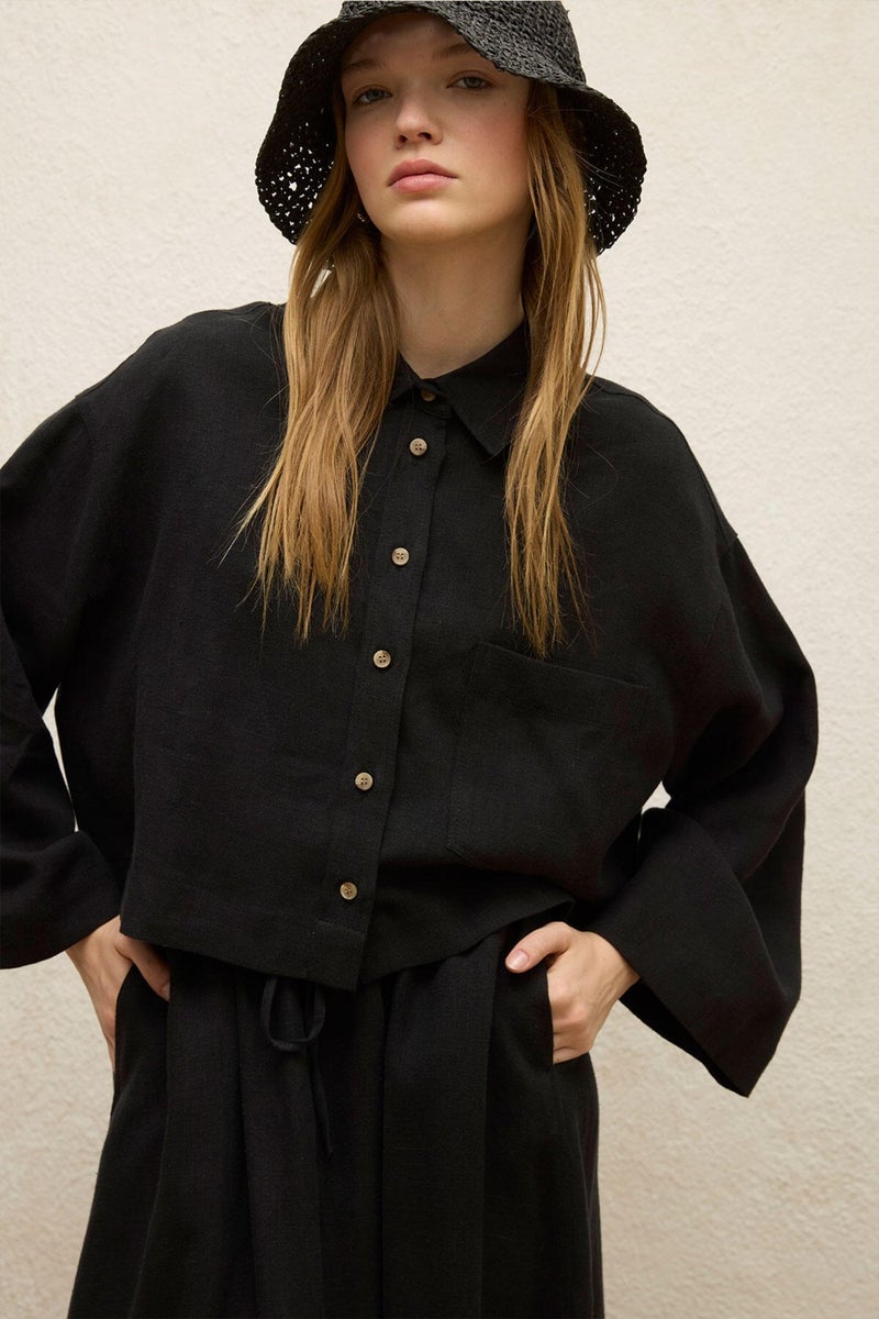 Manuka Linen Long Sleeve Crop Shirt Black  - Image 1