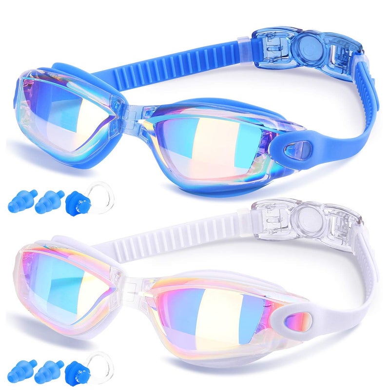 COOLOO Swim Goggles Men, 2 Pack Swimming Goggles for Women Kids Adult Anti-Fog, Blue & White - Image 1