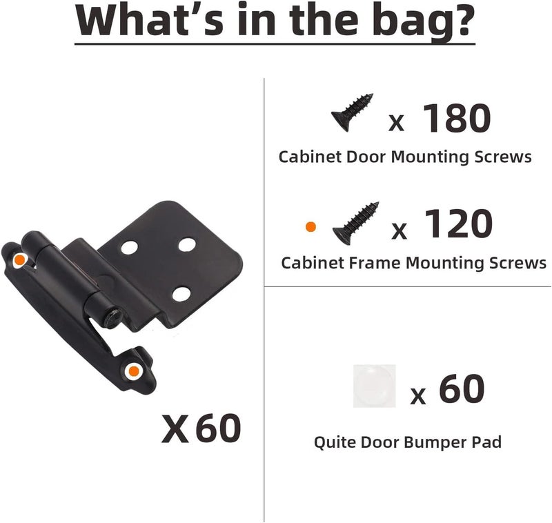 DecoBasics 3/8" Inset Cabinet Hinges Black (30 Pair -60 Pcs) Offset Self Closing Matte Black Cabinet Hinges for Kitchen Cabinets w/Bumpers & Upgraded Screw - Image 4