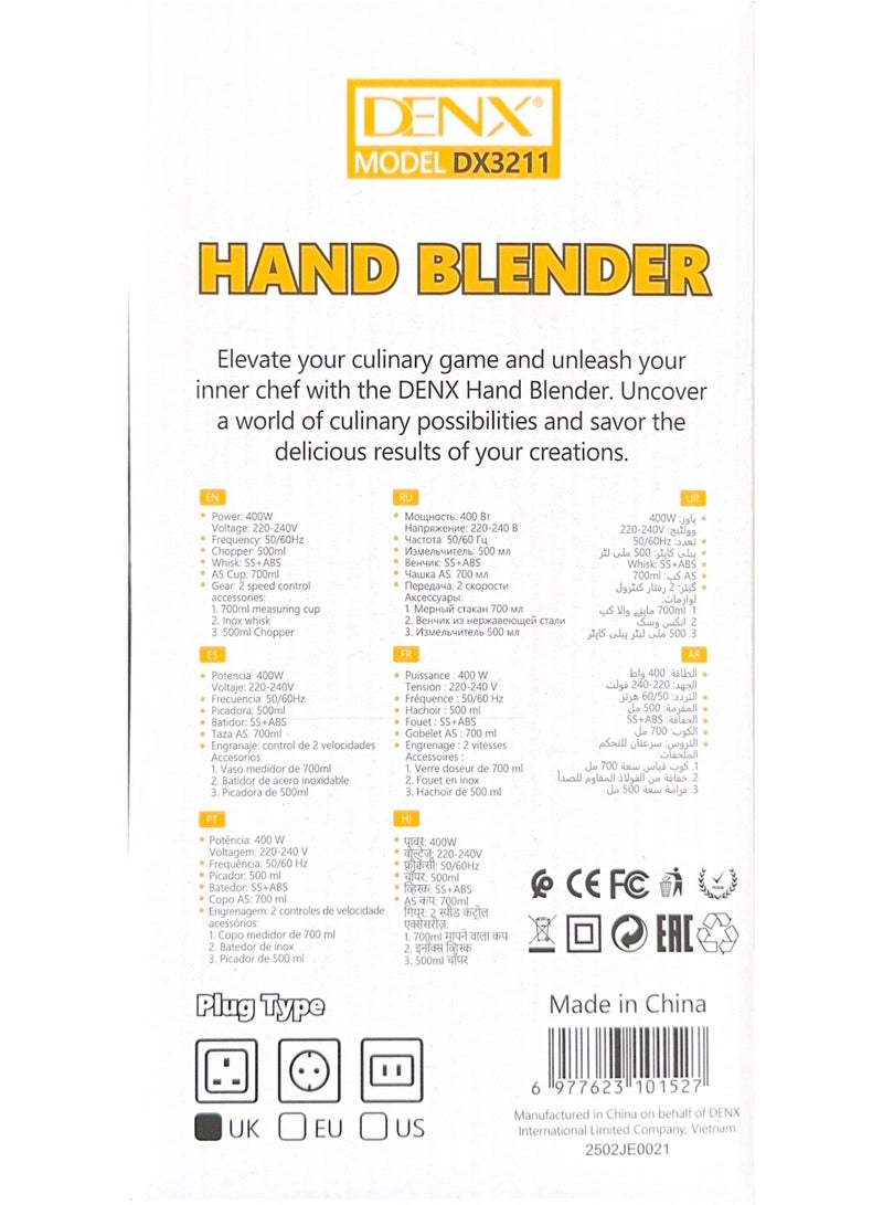 Denx 4-in-1 Electric Hand Blender,  Handheld Blender, Chopper, Mixer 400W Stick Blender with 500ml Food Chopper, Inox Whisk & 700ml Measuring Cup, Electric Blender & Hand Mixer with Stainless Steel Blade Use for Cake Mixer, Blending, Pureeing, Whipping, Mixing Soups, Smoothies, Juices, Sauces, Baby Food, Ice Crushing, Milkshakes, DX3211 (Black/White) - Image 4