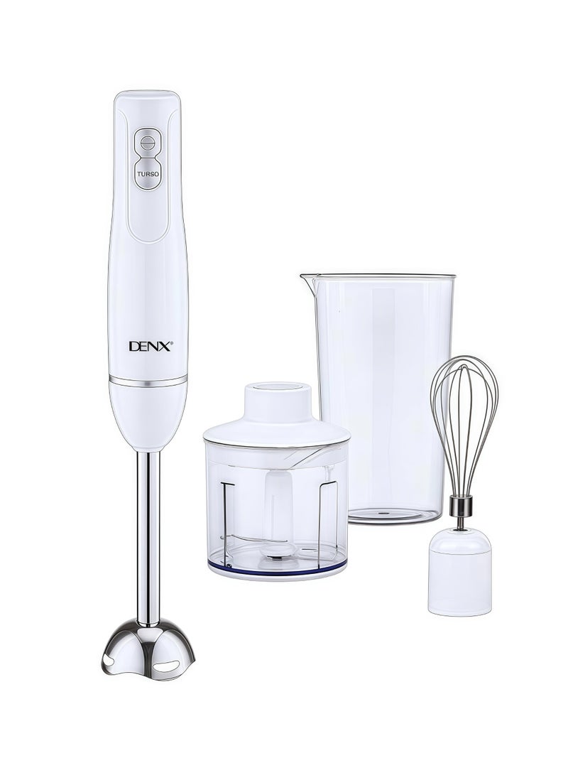 Denx 4-in-1 Electric Hand Blender,  Handheld Blender, Chopper, Mixer 400W Stick Blender with 500ml Food Chopper, Inox Whisk & 700ml Measuring Cup, Electric Blender & Hand Mixer with Stainless Steel Blade Use for Cake Mixer, Blending, Pureeing, Whipping, Mixing Soups, Smoothies, Juices, Sauces, Baby Food, Ice Crushing, Milkshakes, DX3211 (Black/White) - Image 1