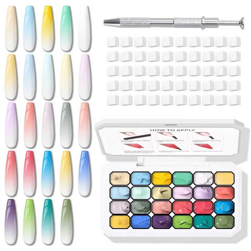 Karroy Sponges Pat Gel Nail Polish Palette, 24 Colors Blending Ombre Gel Polish Patting Gradient Painting Nails Art, No Wipe, UV/LED Cured, 100Sponges 1Grabber (Set A) - Image 1