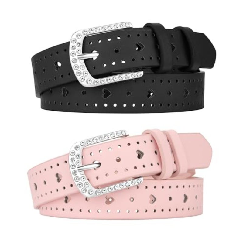 AWAYTR 2 Pcs Girls Leather Belt, With Rhinestone Buckle Western Belt With Heart Cutouts for Dress Jeans - Image 1