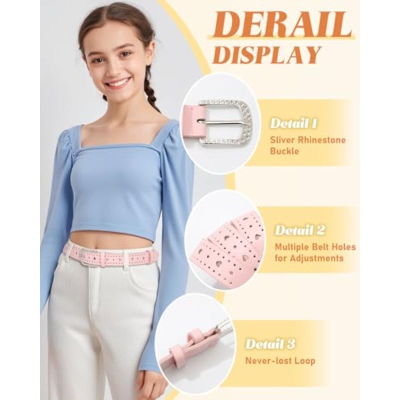AWAYTR 2 Pcs Girls Leather Belt, With Rhinestone Buckle Western Belt With Heart Cutouts for Dress Jeans - Image 4