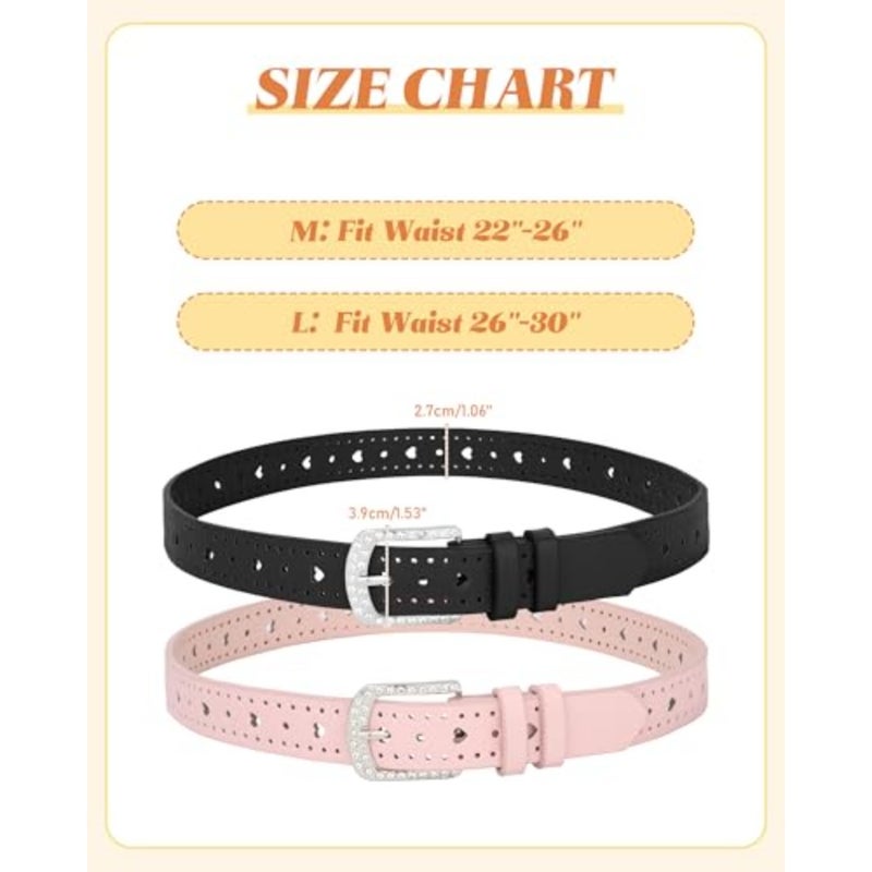 AWAYTR 2 Pcs Girls Leather Belt, With Rhinestone Buckle Western Belt With Heart Cutouts for Dress Jeans - Image 3