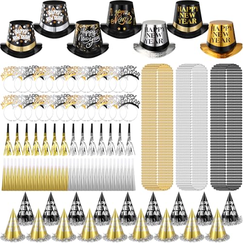 Chitidr 150 Pcs 50 Set Happy New Year Party Kit 2026 New Year Decoration Favors Years Eve Party Supplies for 50 Guest Include Black Gold Sliver Top Hats Tiaras Headbands Bead Necklace Noisemaker - Image 1