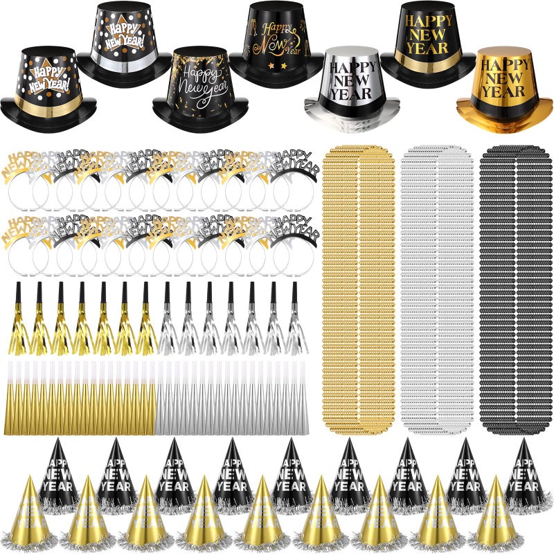 Chitidr 150 Pcs 50 Set Happy New Year Party Kit 2026 New Year Decoration Favors Years Eve Party Supplies for 50 Guest Include Black Gold Sliver Top Hats Tiaras Headbands Bead Necklace Noisemaker - Image 3