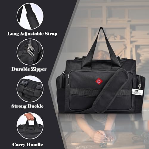 PAHAL Heavy Duty Tool Bag with Multiple Compartments Professional Electrician & Technician Tool Kit Organizer, Durable Fabric Tool Carry Bag with Zipper Closure & Adjustable Shoulder Strap - Black - Image 3