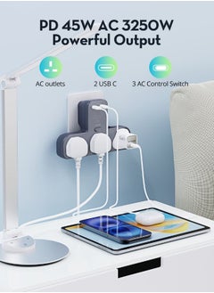 RAVPOWER RAVPower 45W Power outlet Extender with 3 AC Outlets & 2 USB-C PD Ports, Multi Plug Outlet Extender with Individual Switches, Surge Protector Power Hub for Home, Office, Travel, PC1069  - Image 4