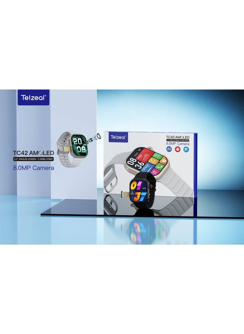 Telzeal TC42 SMART WATCH SIM CARD 2.2" AMOLED SCREEN / 3 PAIRS STRAP8.0MP Camera