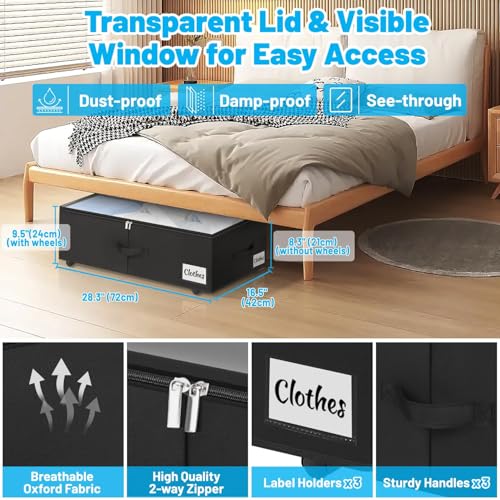 Kukikan Under Bed Storage with Wheels, 2-Pack 10" Height XXL 60L Rolling Storage Bins, Quick Assembly Underbed Shoe Storage Containers with Clear Lid & Label, Dorm Under Bed Drawers for Clothes, Shoes, Black - Image 3
