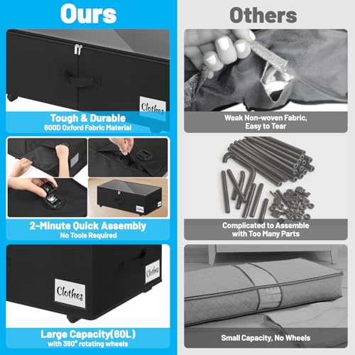 Kukikan Under Bed Storage with Wheels, 2-Pack 10" Height XXL 60L Rolling Storage Bins, Quick Assembly Underbed Shoe Storage Containers with Clear Lid & Label, Dorm Under Bed Drawers for Clothes, Shoes, Black - Image 5