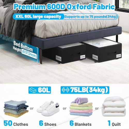 Kukikan Under Bed Storage with Wheels, 2-Pack 10" Height XXL 60L Rolling Storage Bins, Quick Assembly Underbed Shoe Storage Containers with Clear Lid & Label, Dorm Under Bed Drawers for Clothes, Shoes, Black - Image 2