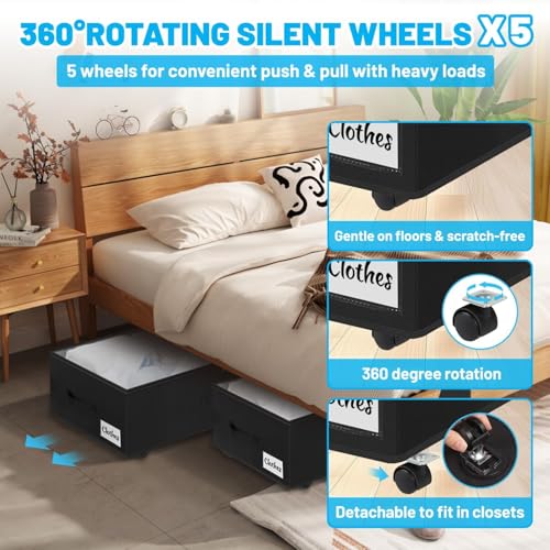 Kukikan Under Bed Storage with Wheels, 2-Pack 10" Height XXL 60L Rolling Storage Bins, Quick Assembly Underbed Shoe Storage Containers with Clear Lid & Label, Dorm Under Bed Drawers for Clothes, Shoes, Black - Image 4
