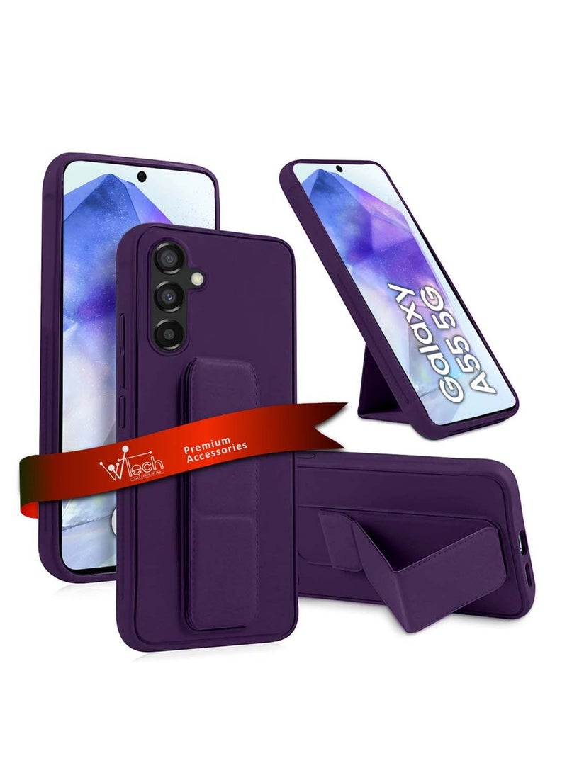 Wtech Samsung Galaxy A55 5G 2024 Hand Grip Foldable Magnetic Kickstand Wrist Strap Finger Grip with Built-in Iron Case Cover - Eggplant Purple - Image 1