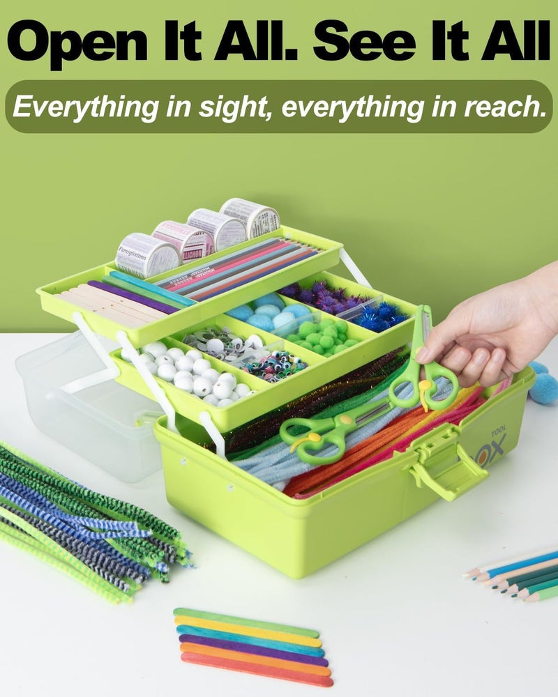 TERGOO 12in Three-Layer Multipurpose Storage Box Organizer Folding Tool Box/Art & Crafts Case/Sewing Supplies Organizer/Medicine Box/Family First Aid Box with 2 Trays (Green)) - Image 5