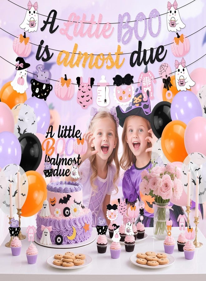 K KUMEED Pink and Purple Halloween Baby Shower Decorations,A Little Boo is Almost Due Banner Cute Ghost Pumpkin Cake Topper and Latex Balloons for kids Halloween Birthday Baby Shower - Image 4