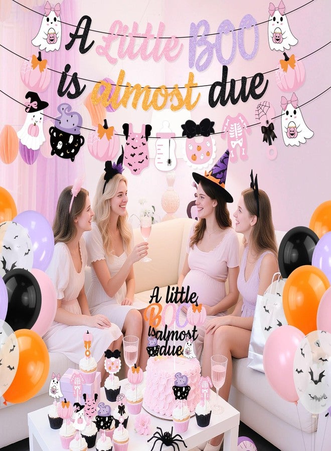 K KUMEED Pink and Purple Halloween Baby Shower Decorations,A Little Boo is Almost Due Banner Cute Ghost Pumpkin Cake Topper and Latex Balloons for kids Halloween Birthday Baby Shower - Image 5