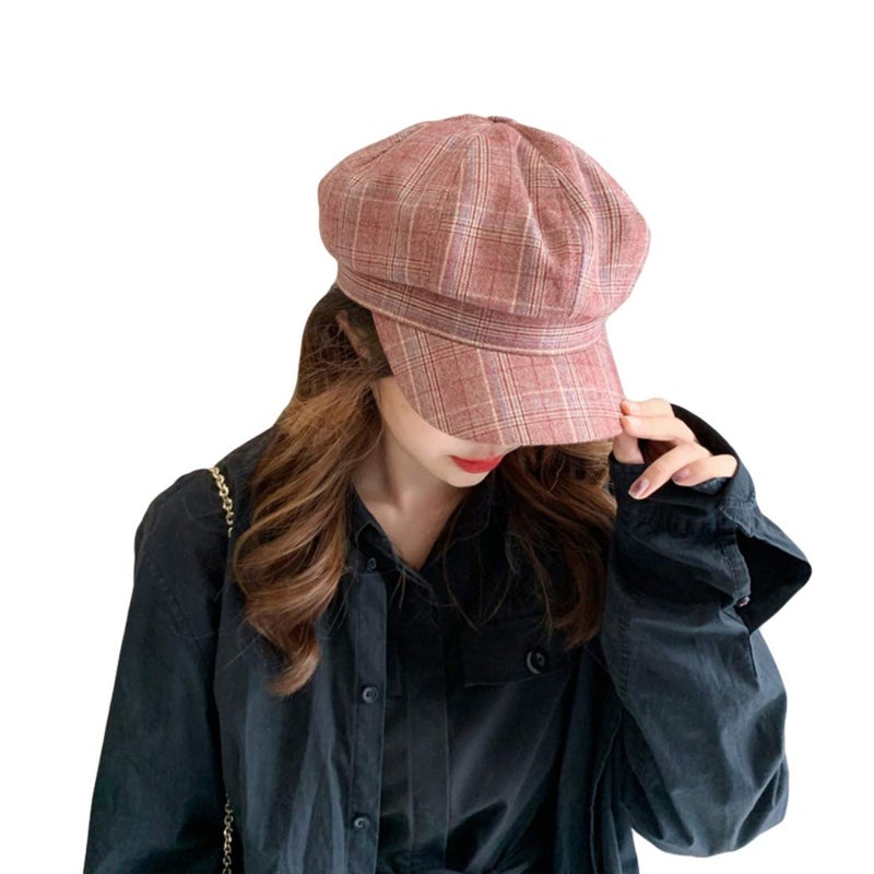 iSWEVEN French Beret Cap | Fashion Street Wear Newsboy Cap Vintage Cotton All Season Hat Plaid Design Baker Boy Hat (8102D, Brown-Red) - Image 5