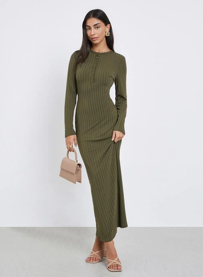 Styli Styli Olive Ribbed Knit Maxi Dress with Button Placket