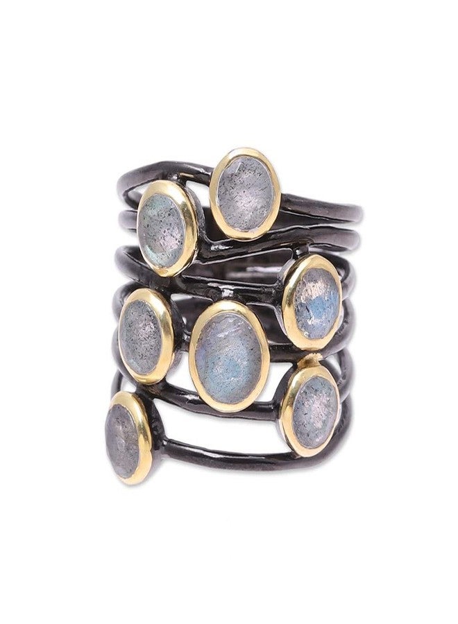 NOVICA Artisan Handmade Gold Accented Labradorite Cocktail Ring Multistone from India Sterling Silver Modern Bohemian [ring Front 0.8 in L x 0.7 in W x 0.2 in H Band Width 8 mm W] ' Dewy Morn' - Image 1