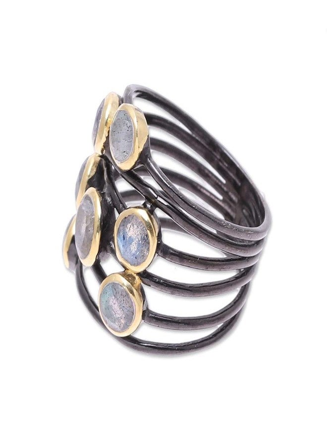 NOVICA Artisan Handmade Gold Accented Labradorite Cocktail Ring Multistone from India Sterling Silver Modern Bohemian [ring Front 0.8 in L x 0.7 in W x 0.2 in H Band Width 8 mm W] ' Dewy Morn' - Image 4