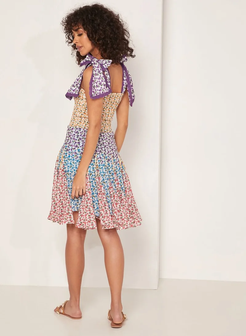 All Things Mochi Natalia Tie Shoulder Belted Printed Dress