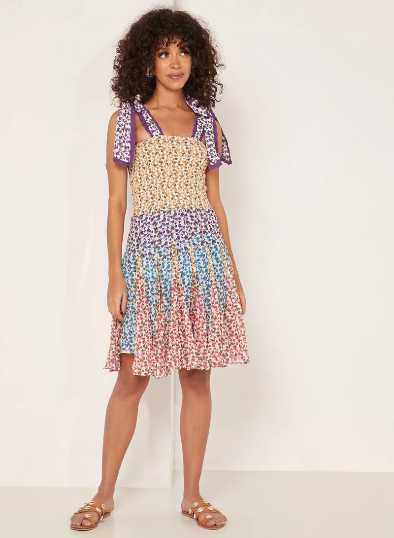 All Things Mochi Natalia Tie Shoulder Belted Printed Dress