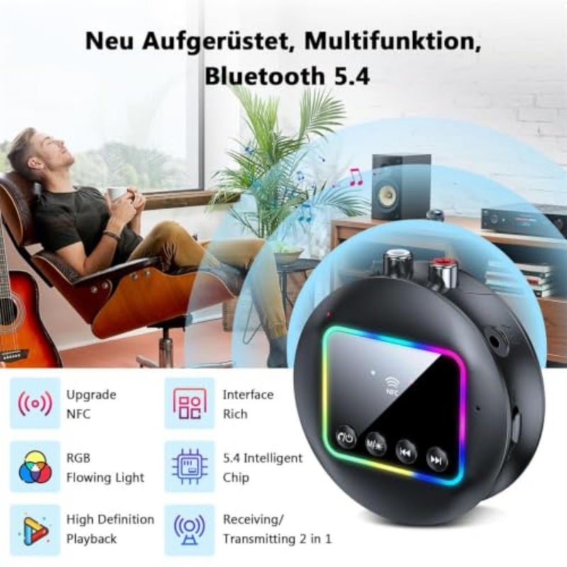 مستقبل إرسال صوت بلوتوث 5.4، بطاقة RCA AUX TF مع ضوء RGB NFC، محول موسيقى لاسلكي للتلفزيون والسيارة والكمبيوتر المنزلي ومكبرات صوت ستيريو وسماعات الرأس - Image 2