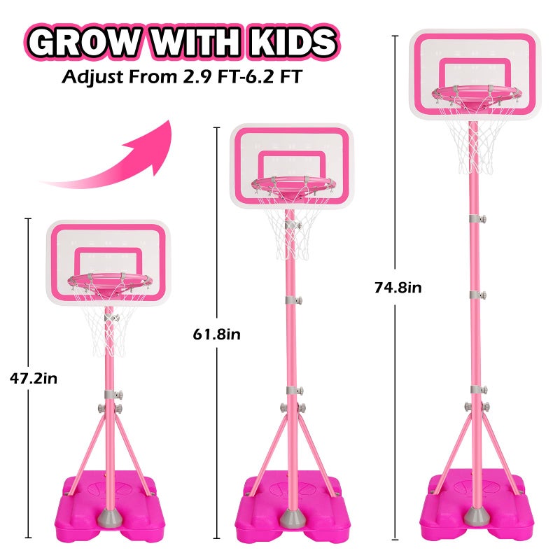 Tsomtto Toddler Basketball Hoop for Girls Pink Basketball Goals Adjustable Height 2.9ft-6.2ft Kids Basketball Hoop Indoor Outdoor Play Outside Backyard Toys for 3 4 5 6 Year Old Girl Birthday Easter Gifts - Image 3