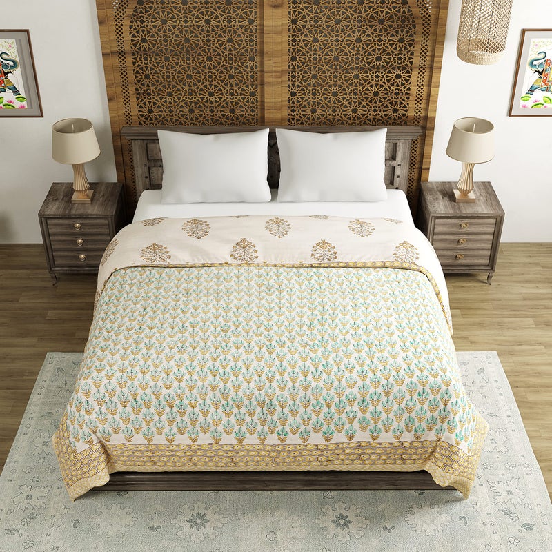 BLOCKS OF INDIA Hand Block Printed Cotton King Size Quilt/Rajai (90 Inch X 108 Inch, Brown Buta), Skin Friendly, 300 TC - Image 2