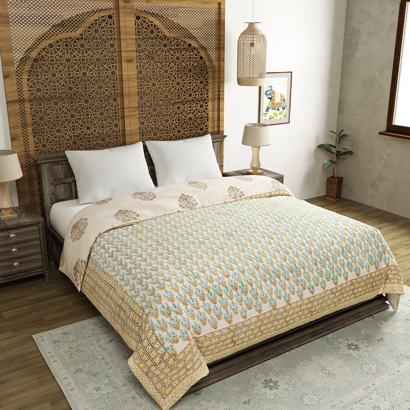 BLOCKS OF INDIA Hand Block Printed Cotton King Size Quilt/Rajai (90 Inch X 108 Inch, Brown Buta), Skin Friendly, 300 TC - Image 1