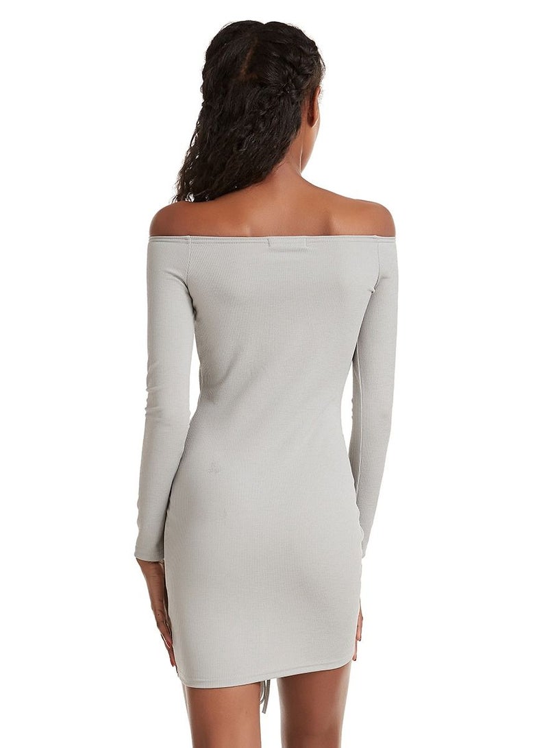 Loquat Women's Stylish Solid Color V Neck Off-The-Shoulder Mini Tight Fit Dress Grey  - Image 3