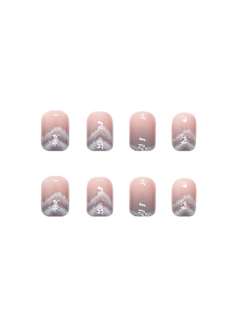 Generic 24 Pcs Flower Press on Nails Short Square Fake Nails Nude Purple Cloud Mountains Design French False Nails Full Cover Artificial Nails Stick on Nails for Women Girls Acrylic Nails Manicure Decorations - Image 5