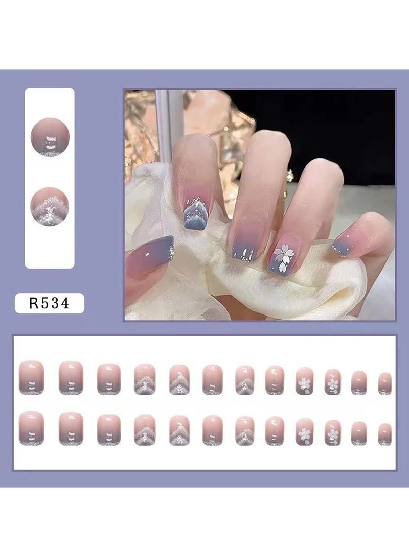 Generic 24 Pcs Flower Press on Nails Short Square Fake Nails Nude Purple Cloud Mountains Design French False Nails Full Cover Artificial Nails Stick on Nails for Women Girls Acrylic Nails Manicure Decorations - Image 2