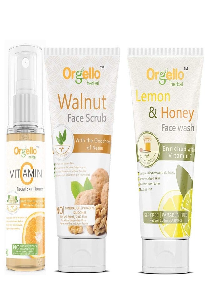 Orgello Herbal Vitamin C Toner Combo (100 ml) With Lemon and Honey Face Wash (100 ml) + Walnut Scrub (60g) - Pack Of 3 - for men women girls boys normal oily dry skin sls paraben mineral oil free - Image 1