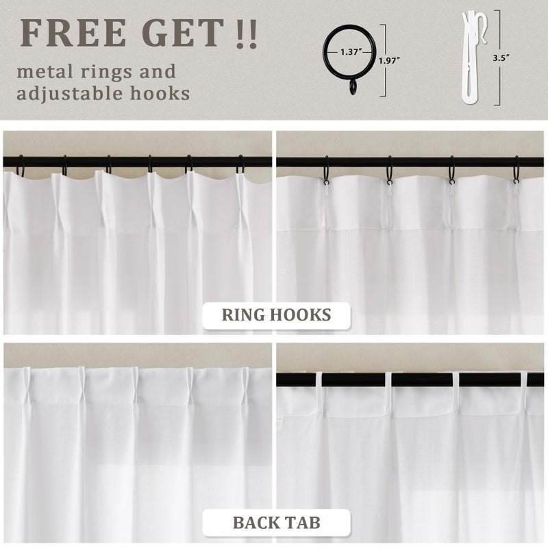 DUKIYO Ivory White Pinch Pleated Extra Wide Linen Curtains 84 Inches Long for Patio Sliding Glass Door Cream Birch 72 Inch Wide Pleated Drapes with Hooks Rings Semi Sheer 72x84 Curtain for Living Room - Image 3