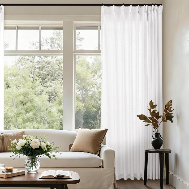 DUKIYO Ivory White Pinch Pleated Extra Wide Linen Curtains 84 Inches Long for Patio Sliding Glass Door Cream Birch 72 Inch Wide Pleated Drapes with Hooks Rings Semi Sheer 72x84 Curtain for Living Room - Image 1
