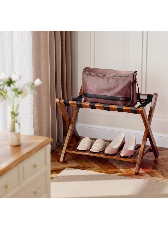 VITION Luggage Rack with Lower Storage Shelf, Bamboo Folding Suitcase Stand, 6 Reinforced Straps for Guest Room, Hotel, Bedroom (Brown) - Image 2