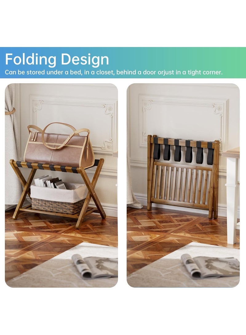 VITION Luggage Rack with Lower Storage Shelf, Bamboo Folding Suitcase Stand, 6 Reinforced Straps for Guest Room, Hotel, Bedroom (Brown) - Image 5