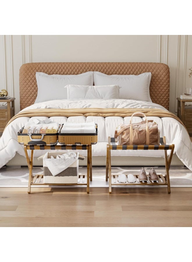 VITION Luggage Rack with Lower Storage Shelf, Bamboo Folding Suitcase Stand, 6 Reinforced Straps for Guest Room, Hotel, Bedroom (Brown) - Image 4