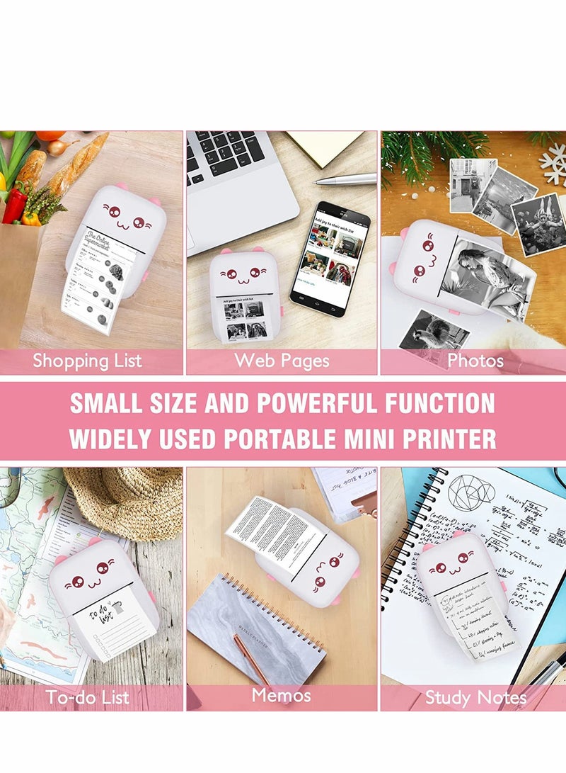 Portable Printer, Mini Pocket Printer Wireless Bluetooth Thermal Printer with Thermal Printing Paper USB Cable for Note Photo Web Document Printing Label Receipt Study Home Office, Pink - Image 2