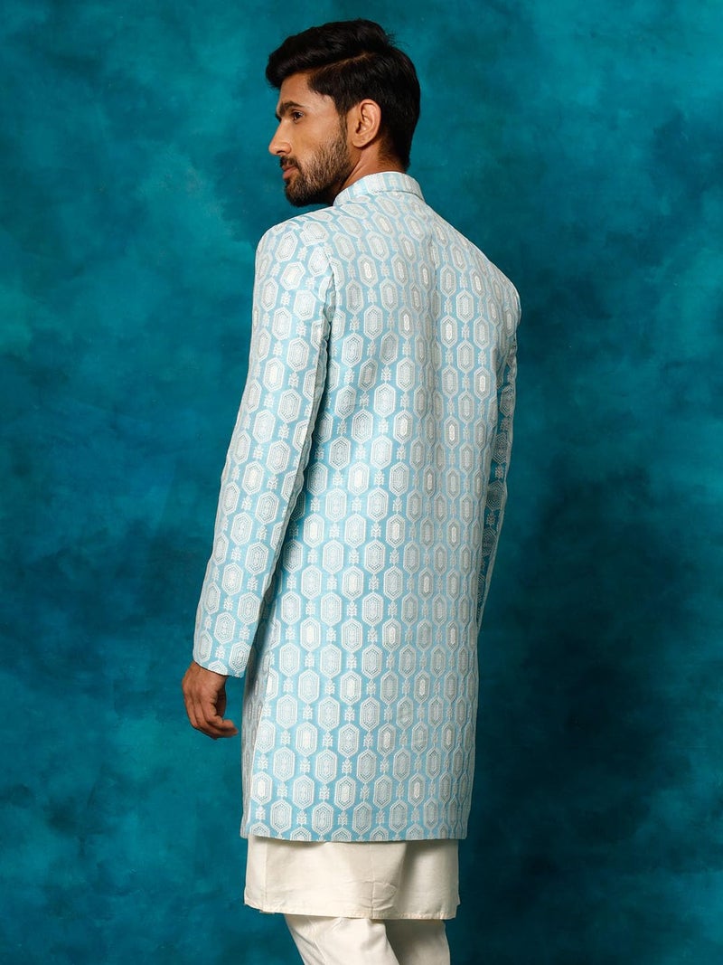 VASTRAMAY Men's Blue Silk Blend Regular Fit Sherwani Only Top_VASMIW252BU_42 - Image 4