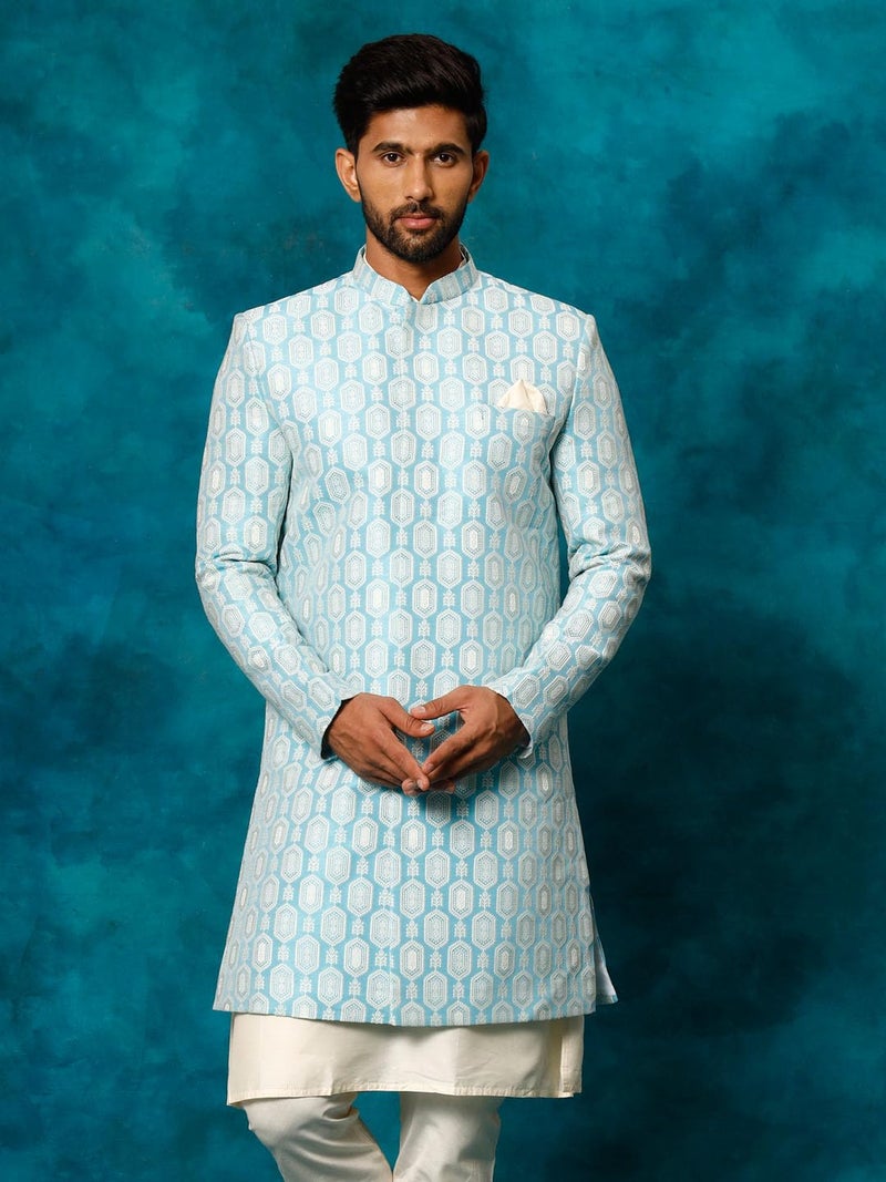 VASTRAMAY Men's Blue Silk Blend Regular Fit Sherwani Only Top_VASMIW252BU_42 - Image 2