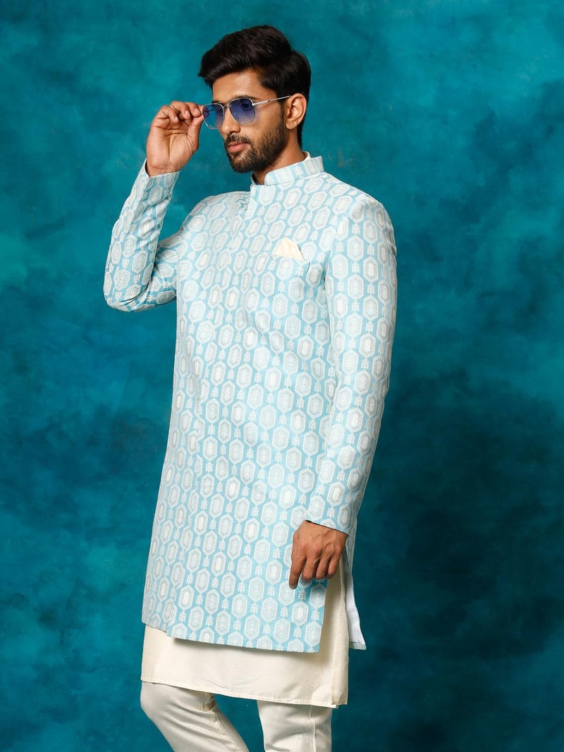 VASTRAMAY Men's Blue Silk Blend Regular Fit Sherwani Only Top_VASMIW252BU_42 - Image 3