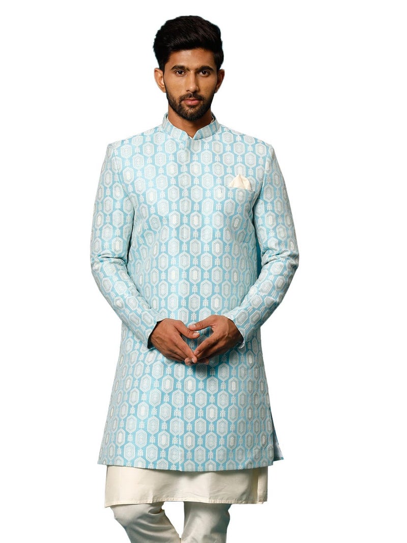 VASTRAMAY Men's Blue Silk Blend Regular Fit Sherwani Only Top_VASMIW252BU_42 - Image 1