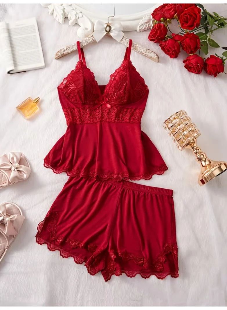Caprisious  Women’s Sleeveless Pajama Set with Shorts, Lace-Trim Camisole Umbrella Style Casual Homewear for Women | Best Price UAE
