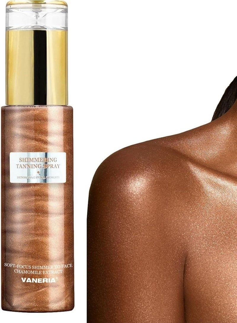 VANERIA Shimmering Spray Tanning with Mitt, Long-Lasting, Instant Tan Spray with Mica, Streak-Free, Self Tanner Spray Quick Tan, Hydrating 80ml /2.7 Fl.Oz  - Image 1